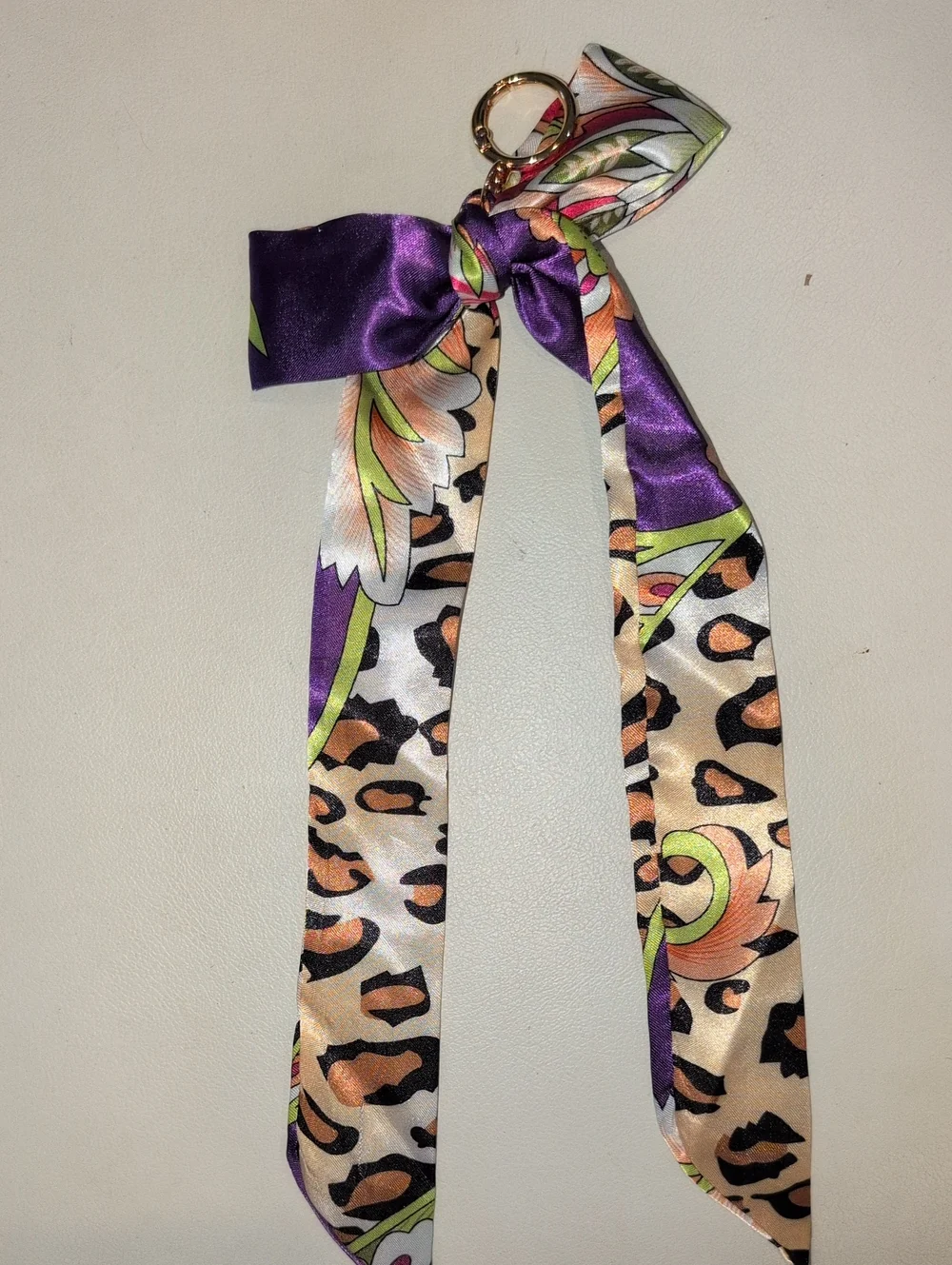 Silk-Feel Purple Leopard Print Ribbon Keychain Scarf Twilly